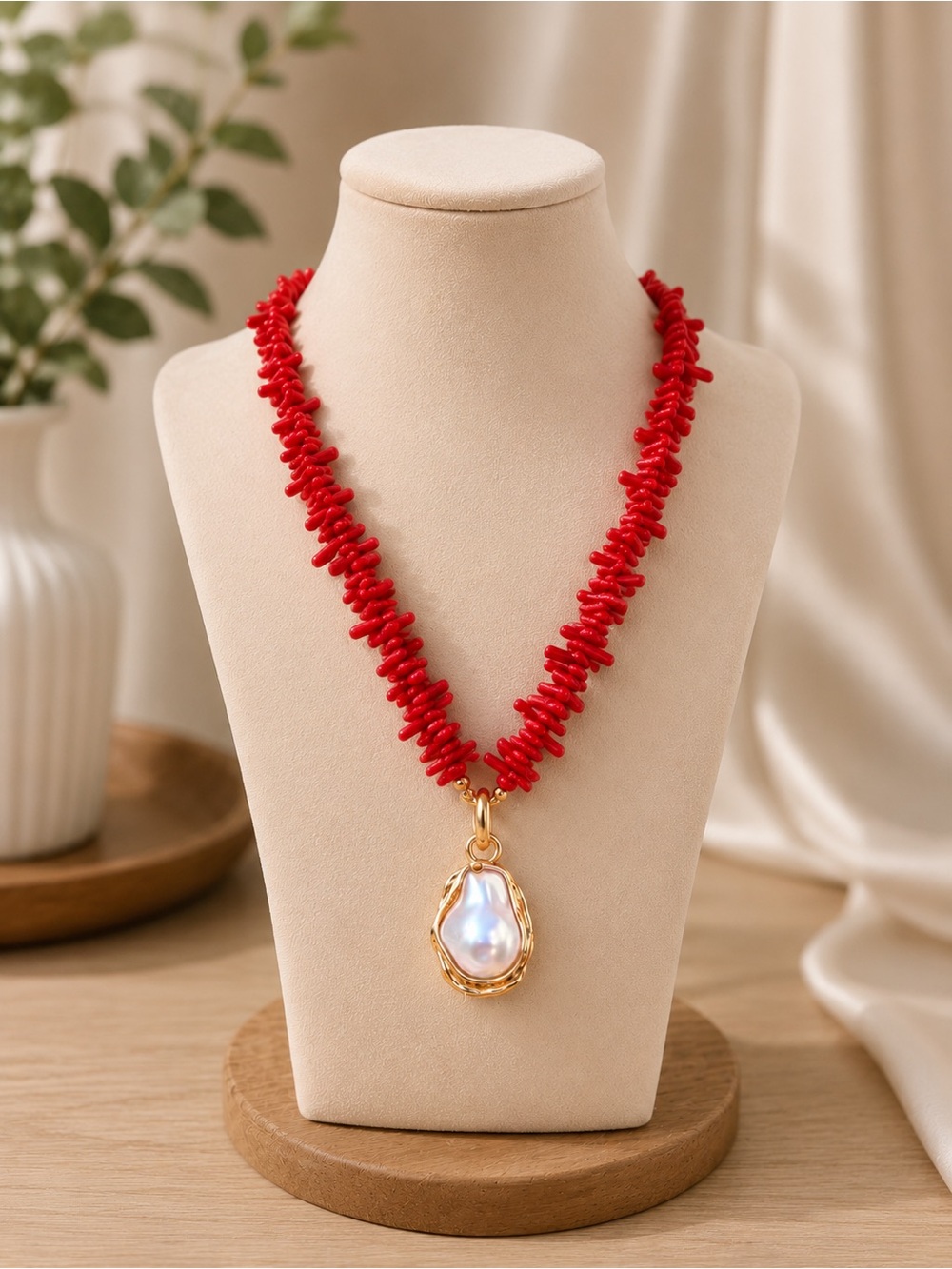 Red Coral Bead Necklaceand bracelet with Gold Pearl Pendant